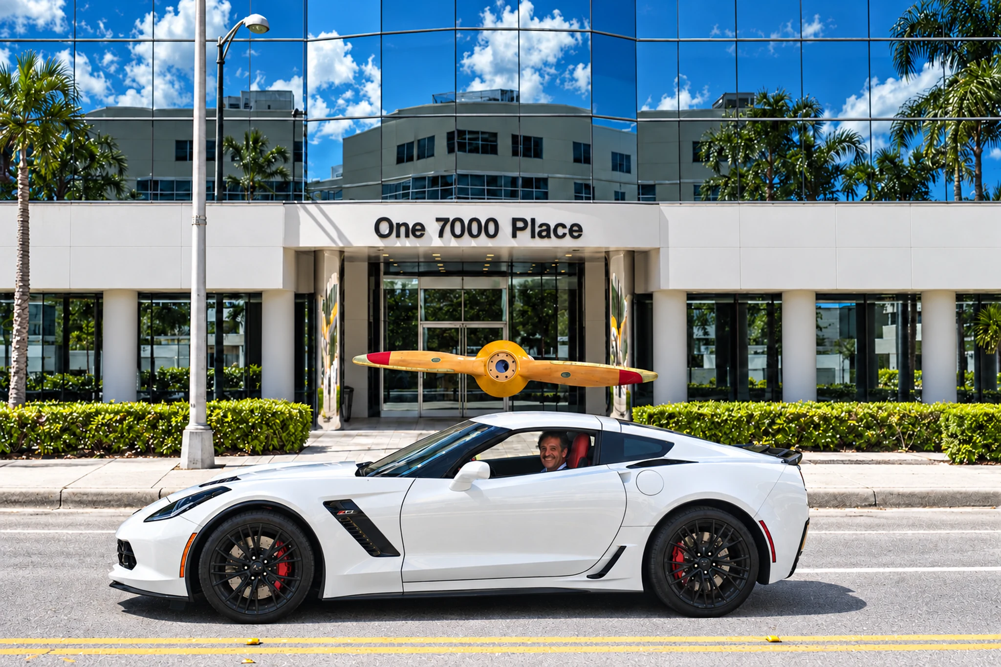 Alan Seifer in a white car outside One 7000 Place at 7000 SW 62nd Ave in South Miami